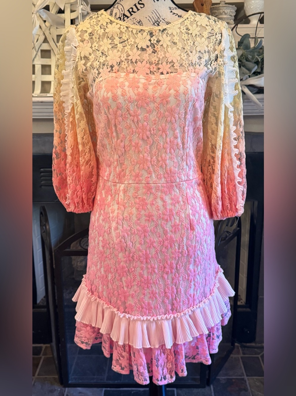 Palms Away Lace Ombré Pink Ruffle Dress Women’s Large Romantic Whimsical Floral